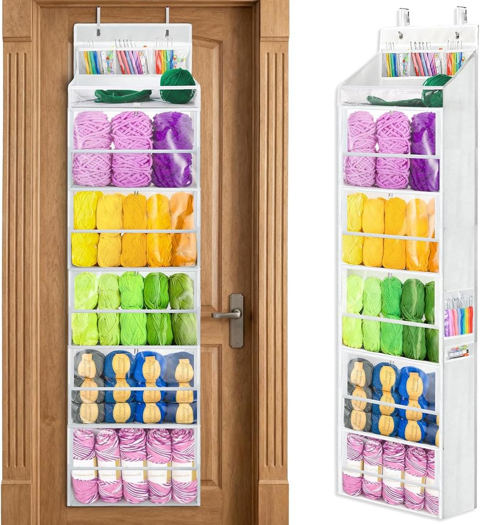 Yarn Storage Organizer, Yarn Holder Over the Door Hanging Crochet Kit Storage with 5 Zippered Compartments, Large Capacity Sewing Organizer Gifts for Knitters Needles Storage Crochet Hooks (White)