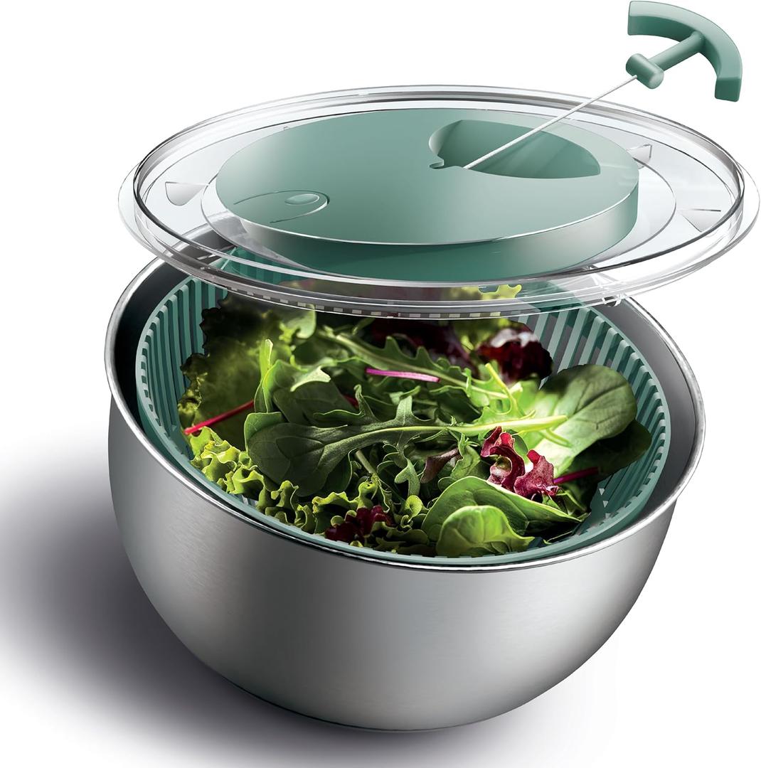 COOK WITH COLOR Stainless Steel Salad Spinner - 5 Qt. Lettuce Washer And Vegetable Spinner Dryer for Easy Salad Prep - Non Slip Base with Pull Handle - Auto Stop Brake System, Stain and Odor Resistant (Sage)
