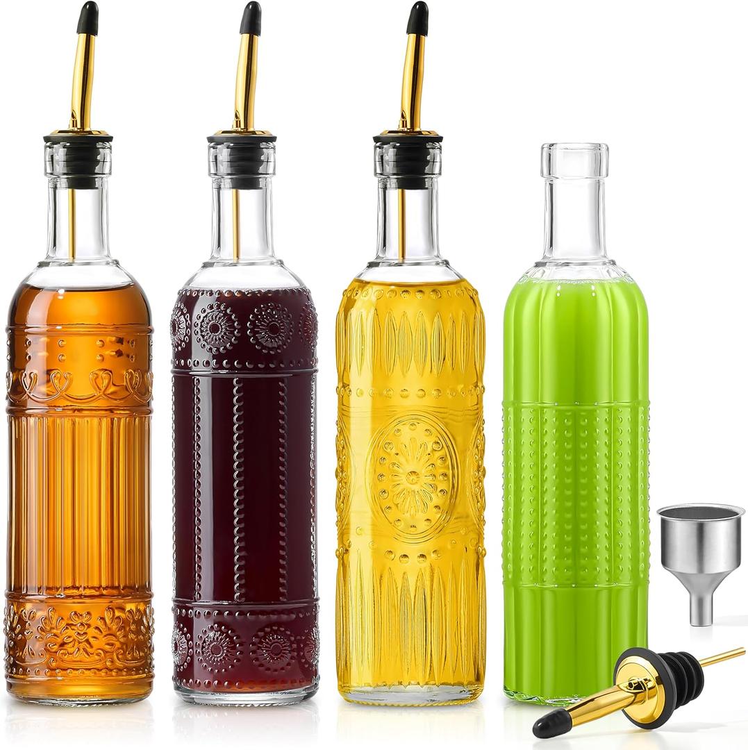 4 Pcs Olive Oil Dispenser Bottle for Kitchen,17oz Clear Glass Oil and Vinegar Dispenser Bottle Set, Classic Coffee Syrup Dispenser with 4 Stainless Steel Spouts and 1 Funnel (Round)