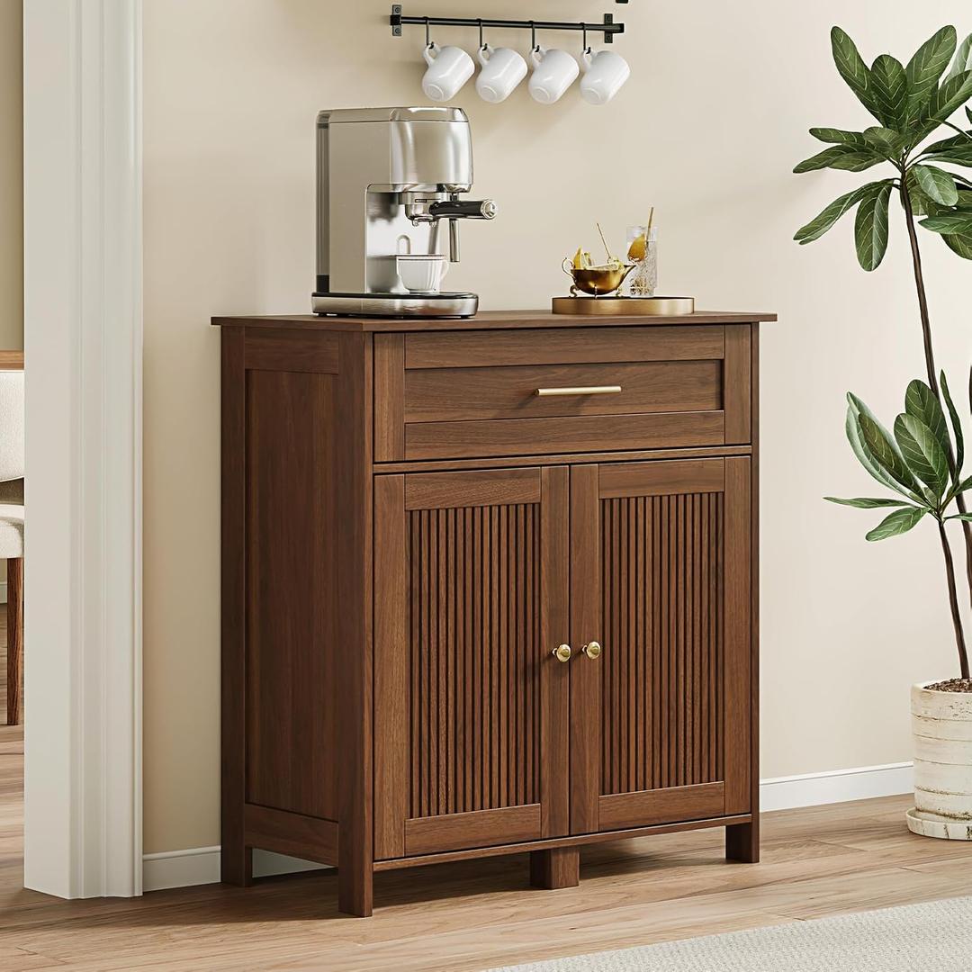 Fluted Buffet Cabinet with Drawer and Adjustable Shelves (Walnut), Standard
