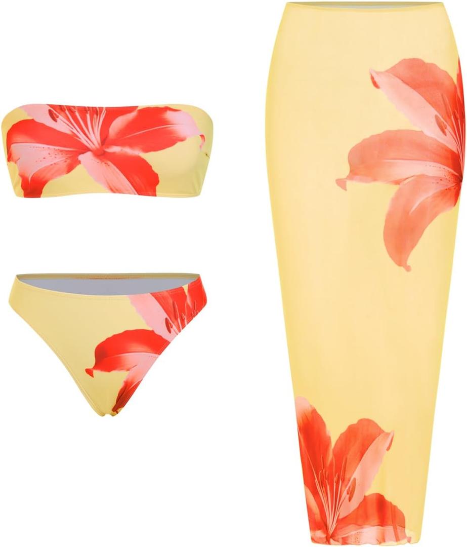 ZAFUL Womens 3pcs Swimsuit Floral Print Bandeau Bikini Set Triangle Bottom with Long Sheer Cover Up Skirt (Large, Yellow)