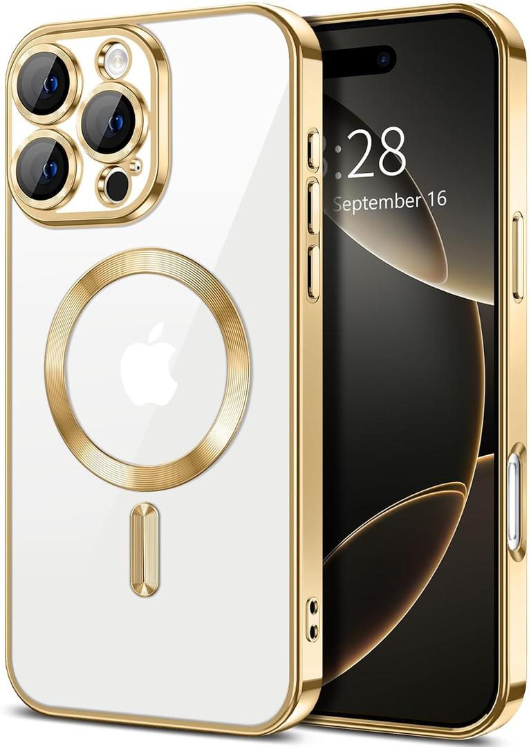  Magnetic Clear for iPhone 16 Pro Case with Camera Lens Protector [Compatible with MagSafe] Luxury Plating Edge Slim Soft TPU Cover Protective Phone Case for iPhone 16 Pro 6.3", Gold