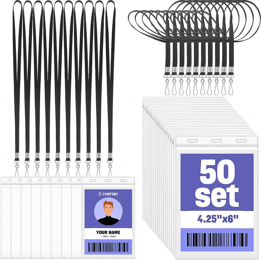 Patelai 50 Pack 4 x 6 Inch Extra Large Badge Credential Holders with 20 Inch Black Lanyard Vertical Name ID Badge PVC Card Holder ID Protector Sleeve Lanyard Pouch for Office Passport Tickets Event