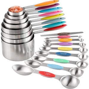 Measuring Cups and Spoons Set Stainless Steel Including 8 Stackable Measuring Cup 8 Double Sided Magnetic Measuring Spoons with 1 Leveler for Dry and Liquid Ingredients (Multicolor)