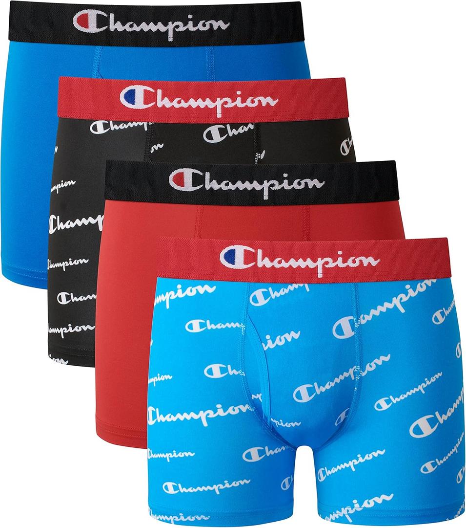 Champion Boys' Underwear, Everyday Active Stretch Boxer Briefs, Assorted 4-pack Boxer Briefs (Medium, Blue/Red/Scripts)
