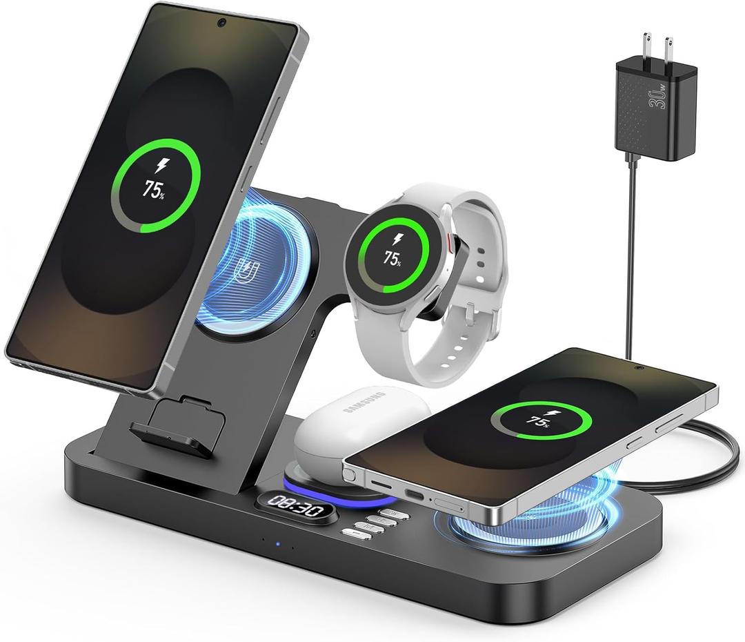 Magnetic Wireless Charger for Samsung, 6 in 1 for Samsung Charging Station,30W Dual Phone with Auto-Switch 7-Color Light & Clock,for Samsung S26,for Galaxy Buds for Samsung Galaxy Watch