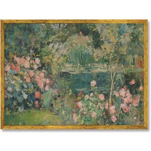 Gold Framed Vintage Garden Roses Large Wall Art Impressionist Botanical Landscape Framed Oil Painting Poster Retro Romantic Floral Picture Print for Cottagecore Bedroom Living Room Decor 36x24inch
