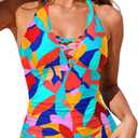Womens Halter Tankini Tops Only - V Neck Tummy Control Swim Top Lace Up Bathing Suit Ruched Top Only No Bottom 2025, XL