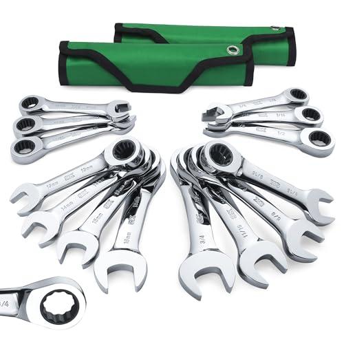 SK Stubby Ratcheting Wrench Set, Combination Wrench Set, 14-Piece, SAE & Metric, 72-Tooth, CR-V Steel, with Rolling Pouch