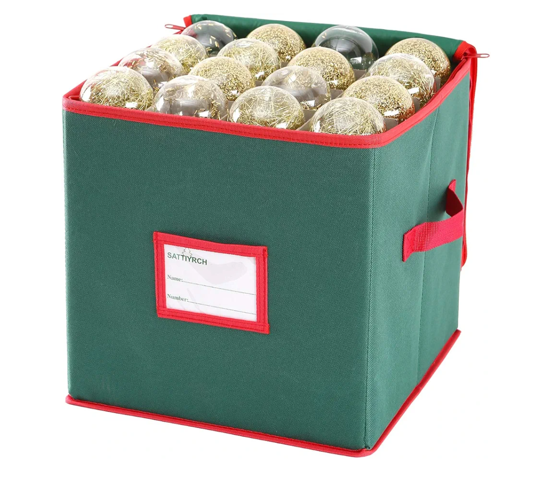 Sattiyrch Christmas Ornament Storage Box,Canvas Stores up-to 64 Standard Holiday Ornaments Holder,12 x 12 Inch 4 Layer Xmas Storage Containers,Green
