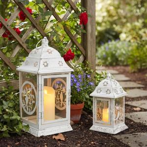 TRIROCKS Set of 2 Farmhouse Candle Lanterns 14.5"&9" H Rustic Metal Decorative Lanterns with Glass, Tabletop Candle Holders for Spring Garden Yard Patio Indoors Outdoors Decor(White with Black Brush)