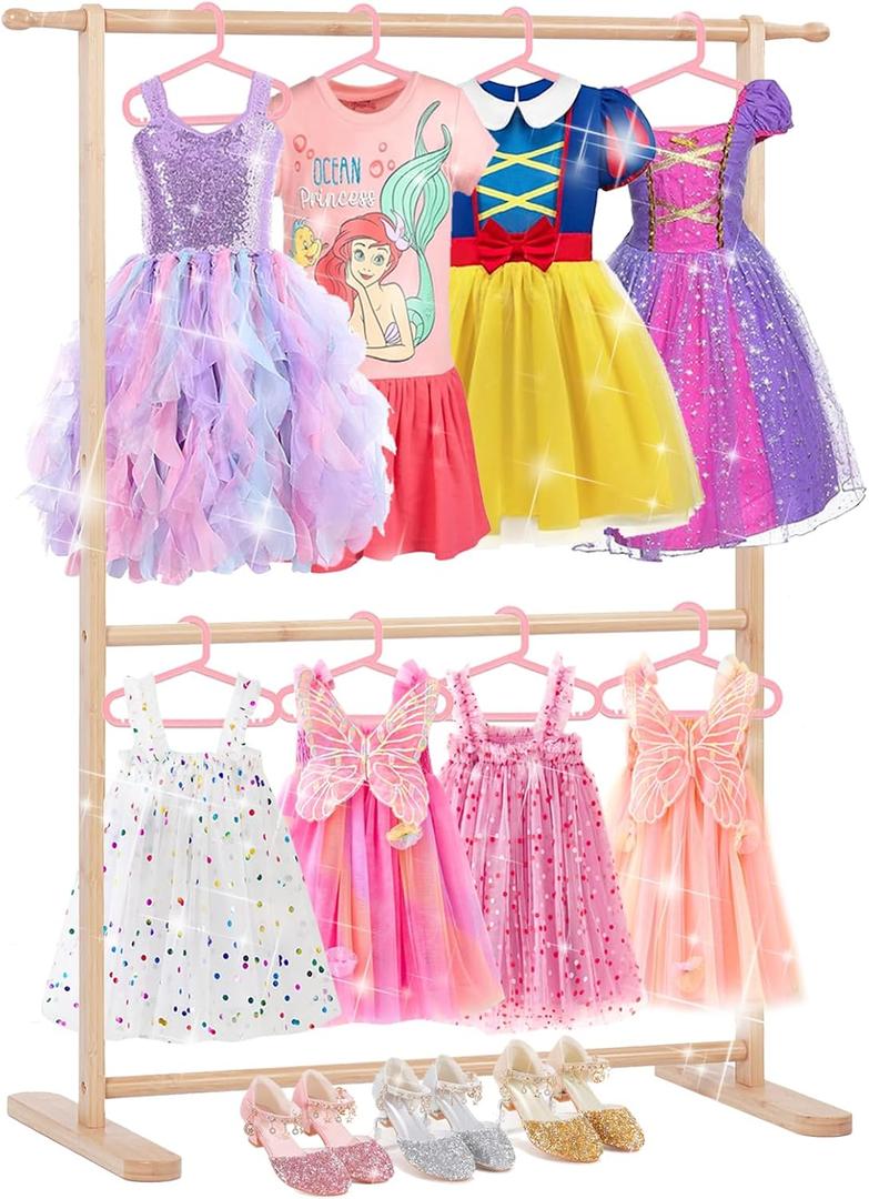 Bamboo Kids Clothing Rack with Dual Poles, Child Dress Up Rack, Clothing OrganizerRack, Small Garment Rack, Perfect for Costumes and Accessories (Natural Color)