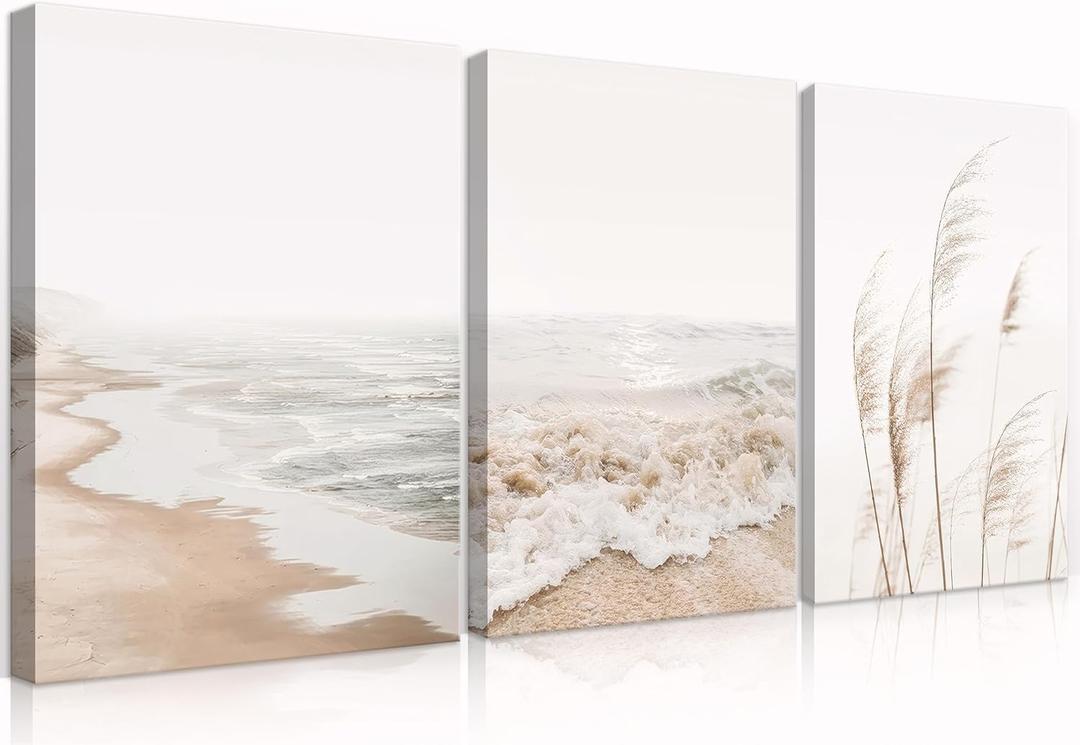 HDXUFJQ Neutral Beach Coastal Canvas Wall Art Beach Boho Botanical Pampas Grass Wall Decor Minimalist Nature Landscape Pictures Painting Summer Ocean Prints Waves Artwork(16"x24") (reeds)