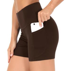 THE GYM PEOPLE High Waist Yoga Shorts for Women's Tummy Control Fitness Athletic Workout Running Shorts with Deep Pockets (Brown, L)