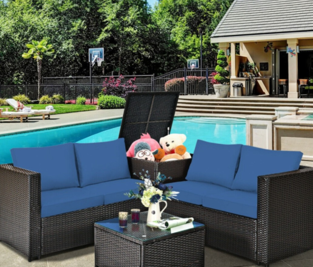 DORTALA 4 Piece Patio Furniture Set, PE Rattan Outdoor Conversation Set with Coffee Table, Storage Box & Loveseats, Wicker Sectional Sofa Set for Backyard Garden Poolside, Navy