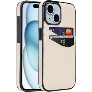 for iPhone 13/14/15 Case with Card Holder Soft Leather Wallet Case Protective Shockproof Hard Cover for Women Girls (Beige)