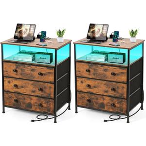 3 Drawers Dresser with Charging Station, 24 Inch Wide LED Night Stand Set 2 with Adjustable Fabric Drawer, Nightstand with Storage Shelf for Living Room/Bedroom/Office, Rustic Brown.