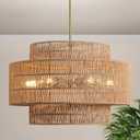 24 Boho Large Rattan Chandelier Light Fixture,6-Light Large Hand Woven Pendant Light Fixture Farmhouse Rustic Chandeliers for Kitchen Bedroom, Dining Room, Living Room, Hallway, Foyer