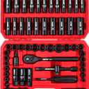 96-Piece 3/8" Drive Impact Socket Wrench and Bit Set, SAE 5/16”-3/4” & Metric 8-22mm, Cr-V Standard & Deep Sockets, Power Bits, Ratchet Handle, Universal Joint, Bit Holder, Adapters, Spark Plug Socket
