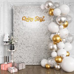 Matte White Shimmer Wall Backdrop 24PCS, Black Back Not See-Through Design, Square Sequin Glitter Backdrop Panel, Perfect for Outdoor Events, Birthdays, Wedding and Party Decoration