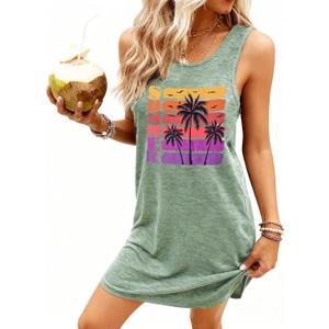 Summer Tank Dress for Women Casual Vacation Sundress Coconut Tree Graphic Beach Cover Up (Large, Light Green-m)