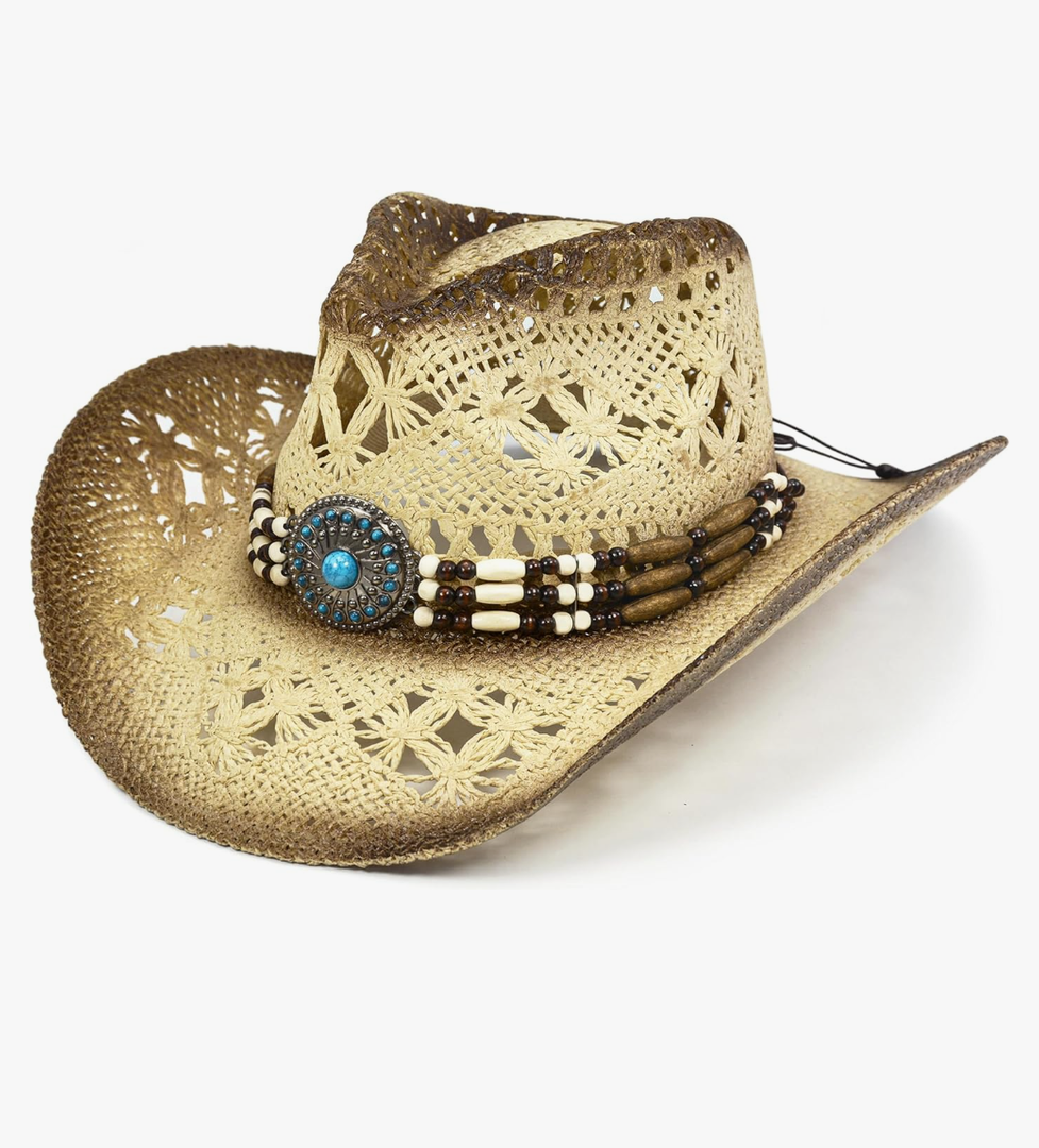 FLUFFY SENSE. Cowgirl Hats for Women Straw Cowboy Hat Western Beach Sun Hat with Shapeable Brim for Coastal Cowgirl