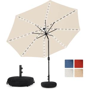 Sundale Outdoor Olefin 5-Year-Non-Fading Solar 80 LED 9 FT Solar Patio Umbrella with Sand Bag Base, Outdoor Umbrella with Tilt and Crank, Beige
