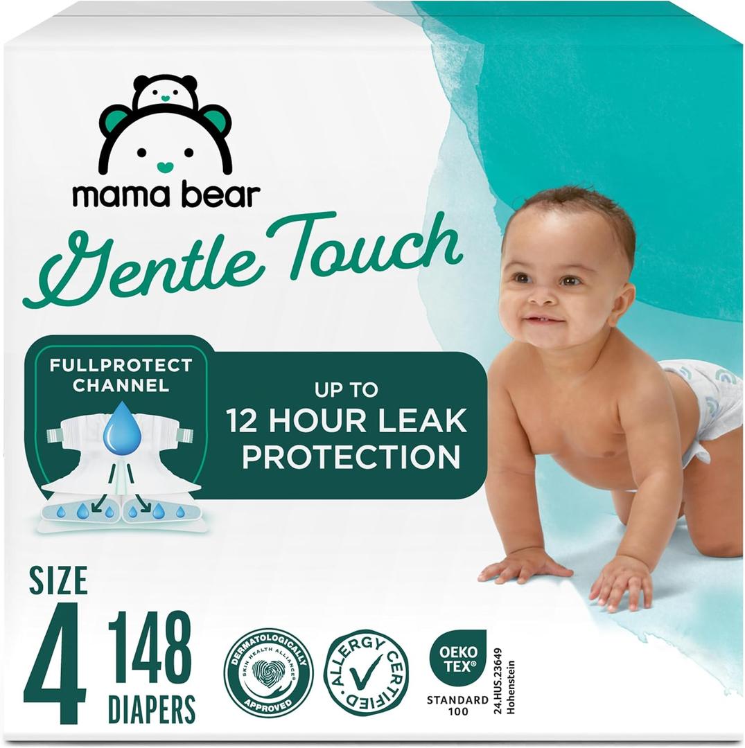 Amazon Brand - Mama Bear Gentle Touch Baby Diapers, Formulated without Fragrance, Size 4, 148 Count (4 packs of 37), with Skin Protection and Leak Protection