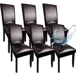 Leather Chair Covers for Dining Chairs Set of 6, Super Stretch Waterproof Kitchen Chair Covers Thickened Washable Dining Chair Slipcovers Brown Chair Seat Covers for Dining/Kitchen/Banquet