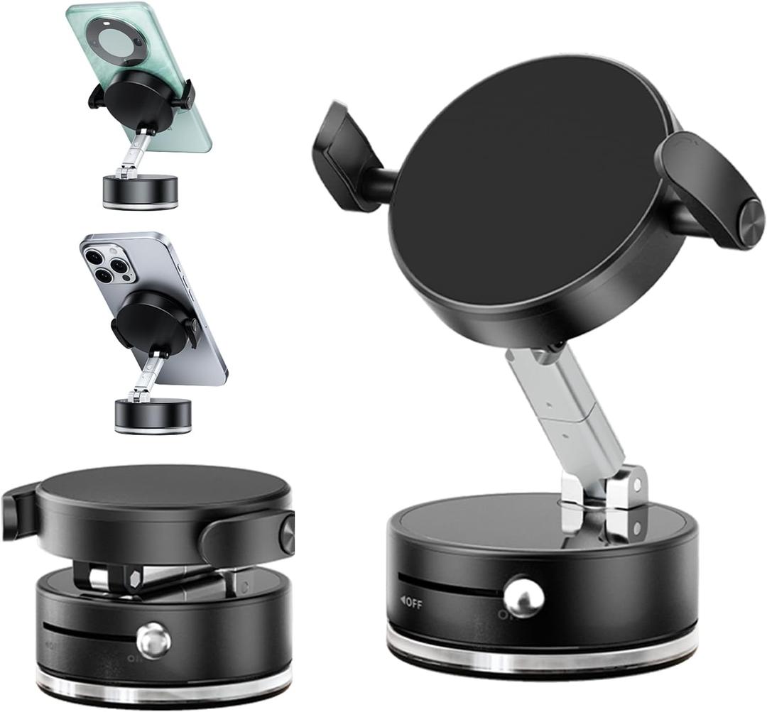 Vacuum Magnetic Phone Holder for You Car 360 Rotatable Vacuum Magnetic Phone Mount with Clamp Foldable Car Phone Holder with Strong Suction Cup Magnetic Car Mount for iPhone All Cell Phones (Black)
