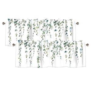 AYTTBIS Green Eucalyptus Leaves Curtain Valance for Windows Watercolor Green Rod Pocket Window Treatments 2 Panels Short Curtains for Kitchen Windows Bathroom Bedroom, 42 x 12 Inch