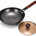 Calmabode 13 Large Flat Bottom Carbon Steel Wok with Glass Lid | Large Deep Wok, Pre-Seasoned Nitrided Carbon Steel, Amber Glass Lid, Ideal for Big Family Stir-Fry, Frying and Hearty Meals