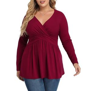 TIANZHU Plus Size Red Tops For Women Wrap baby doll shirt Long Sleeve winter Tunic Top dressy V Neck Blouse empire waist low cut flowy peplum clothing XX-Large Wine Red, 2XL