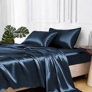 MR&HM Satin Bed Sheets with Elastic Corner Straps, Queen Size Sheets Set, 4 Pcs Silky Bedding Set with 15 Inches Deep Pocket for Mattress (Queen, Mood Indigo)