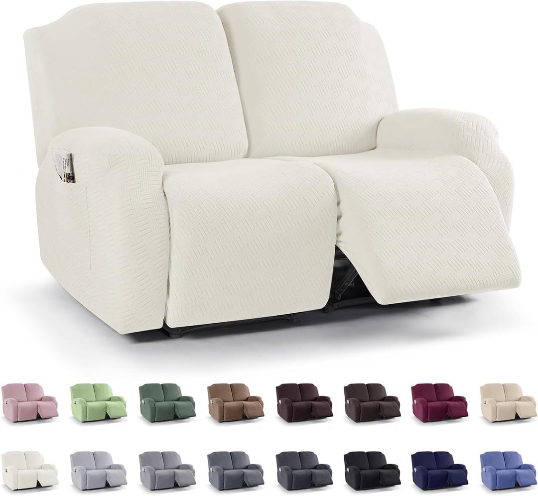 KinCam Recliner Covers, Stretch Reclining Chair Covers, Recliner Sofa Slipcovers Stripe Jacquard Recliner Couch Covers Furniture Protector Covers for Pet Kid (2 Seater, Cream)