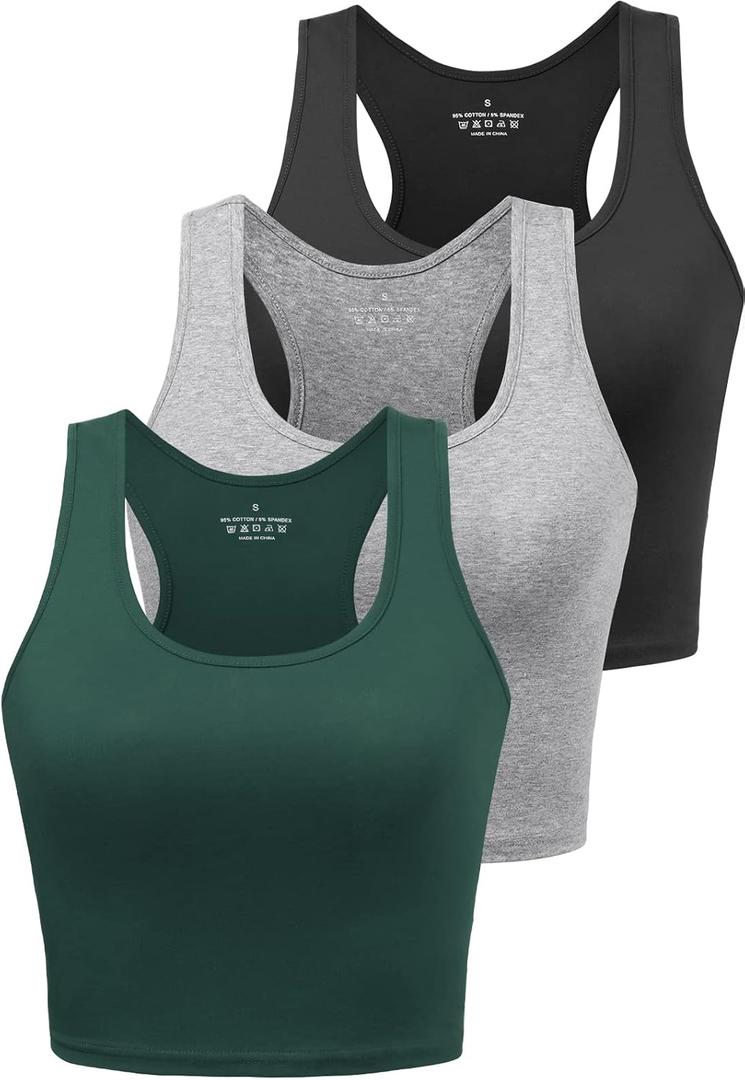 Porvike Sports Crop Tank Tops for Women Cropped Workout Tops Racerback Running Yoga Tanks Cotton Sleeveless Gym Shirts 3 Pack (Medium, Black/Grey/Emerald Green)
