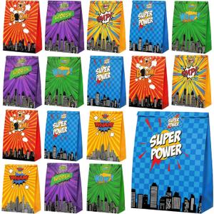 24 Pack Large Hero Party Favor Bags 8.3 x 6.3 x 3.2 Inch Hero Party Gift Bags Goodie Bag with Theme Stickers, Favor Candy Treat Pouches for Kids Theme Birthday Parties Baby Shower Decorations