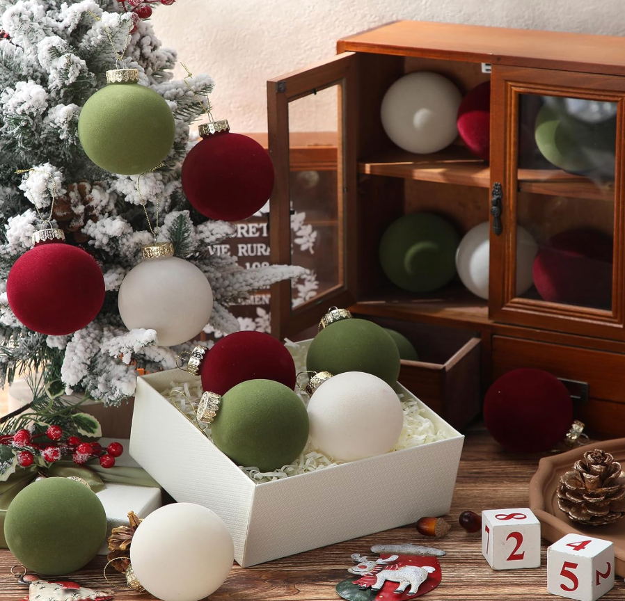 Gemscream 18 Pcs Red Velvet Christmas Balls Bulk 3.15 Inch Dark Green Flocked Christmas Tree Ball Ornaments, Plastic Xmas Decorative Shatterproof Hanging Ornaments Bulb Set Loop for Party Holiday