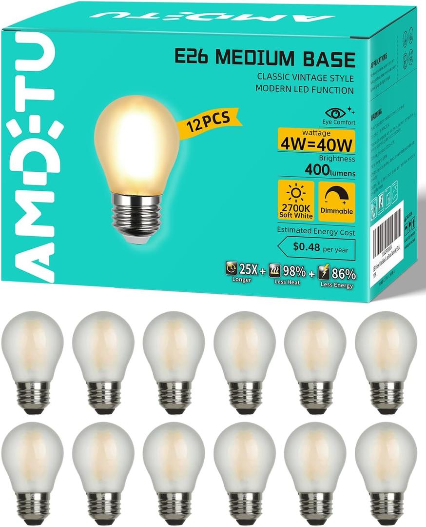 AMDTU Vintage LED Edison Short Small Light Bulb 40W Dimmable E26 Globe 2700K Soft white Frosted 40 Watt Warm Standard Medium Base G45 Bulbs Ideal for Ceiling Fan, Vanity Light,Table Lamp Create Cozy Ambiance, 6 Pcs