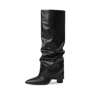 Modatope Black Slouchy Fold Over Knee High Boots Black Slouchy Boots for Women Knee High Boots Women Pointed Chunky Heeled Tall Boots Long Boots, Size: 7.5
