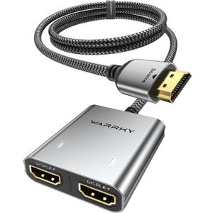 Warrky HDMI Splitter 4K, Display Mirror Same Screen Only (Not for Extended Mode), HDMI Splitter 1 in 2 Out [USB-C Powered, Metal Shell, 3.3 Ft Braided Cable], 1x2 for Dual Monitors, Grey-4K UHD