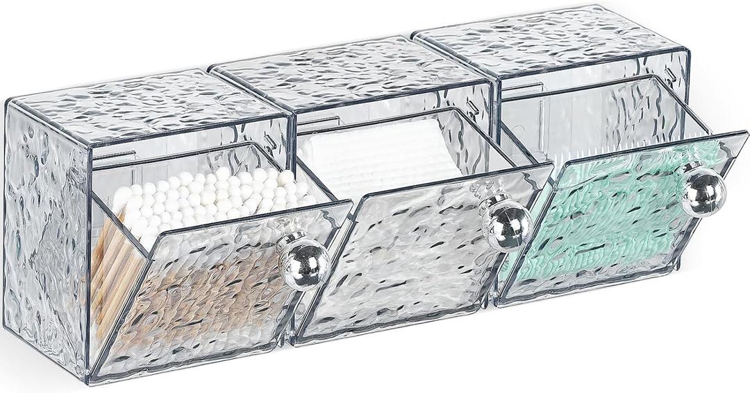 IWNTWY Qtip Holder Dispenser, 3 Pack Wall Mounted Plastic Cotton Pad Holder, Cotton Ball, Swabs, Floss, Makeup Organizers Containers for Vanity Bathroom