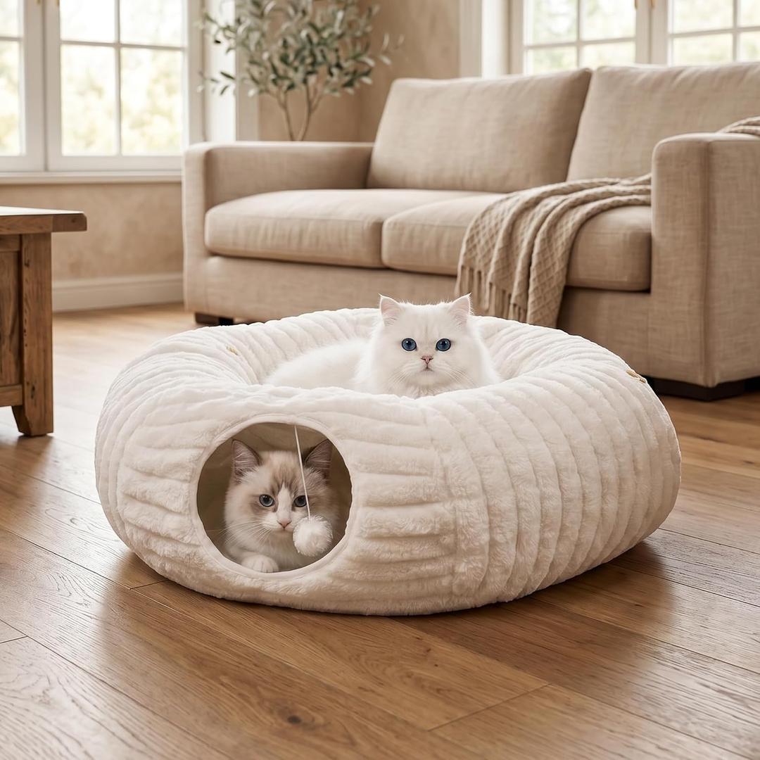 Cat Tunnel Bed Cave - Soft Washable Cushion for Indoor Cats, Peekaboo Hideaway Cave for Indoor Cats, Kittens, Puppies, Rabbits, Luxurious Striped Hare-Feel Fabric, Tunnels for Indoor Cats Large(White)