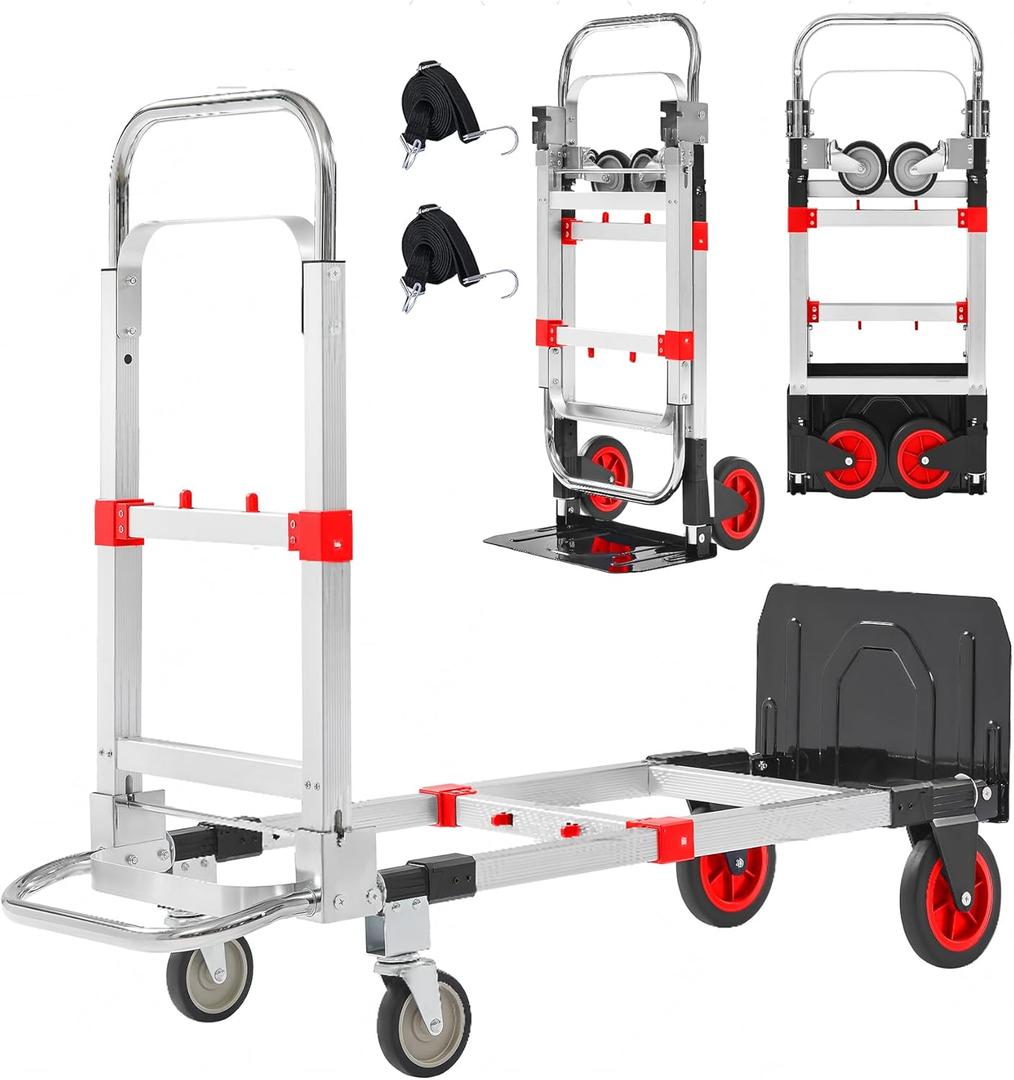 Upgraded 3 in 1 Aluminum Folding Hand Truck, 600lbs Capacity, Heavy Duty Convertible Dolly with Retractable Handle and 4 Rubber Wheels, Collapsible Cart for Moving Home, Office, Warehouse (Red) 