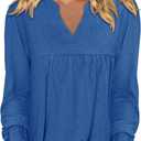 Ladies Tops and Blouses Blue Long Sleeve V Neck Eyelet Tunics 2025 Fall Baby Doll Flare Blouse Loose Trendy Pleated Shirts Lightweight Shopping Outing Daily Wear Medium