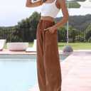 Faleave Women's Cotton Linen Summer Palazzo Pants Flowy Wide Leg Beach Trousers with Pockets (Brown, L)
