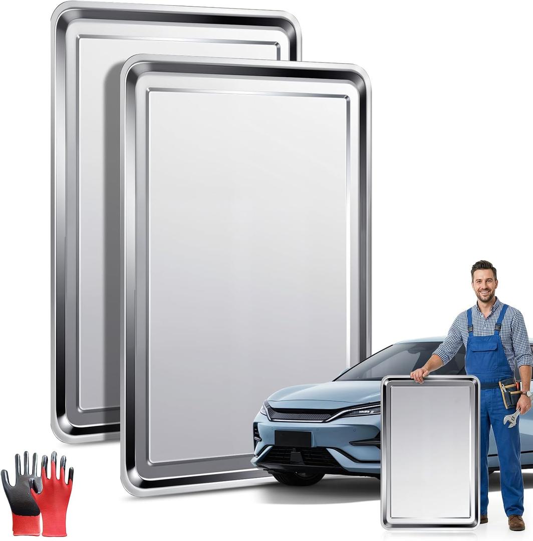 Stainless Steel Oil Drip Pan Set, 2 Pack, 23.6 × 15.7 × 0.8 in with Gloves