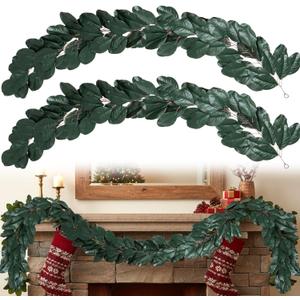 2 Pcs 6 FT Magnolia Leaf Garland Artificial Christmas Green Realistic Garland for Mantle Decorations Natural Faux Magnolia Leaves for Christmas Thanksgiving Wedding Decor(Without Lights)