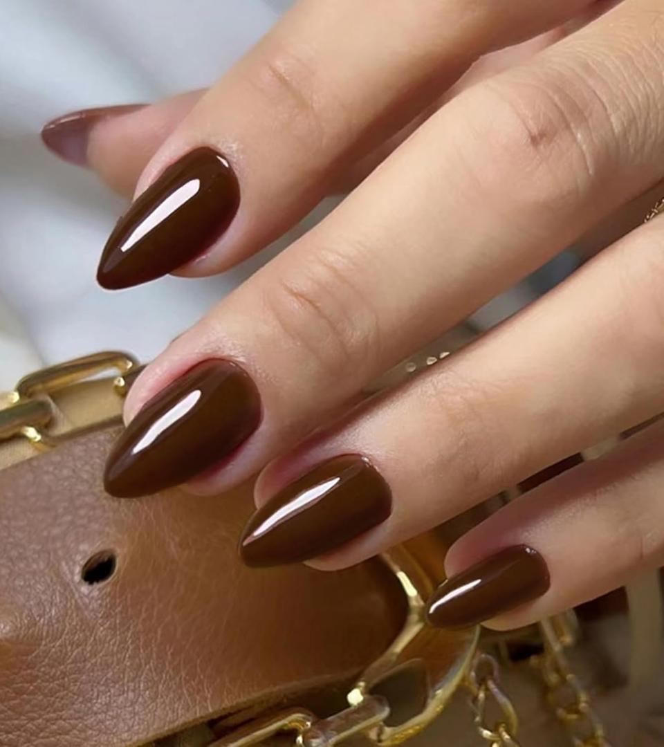 Morily Press on Nails Almond, Dark Brown Short Fake Nails with Designs Reusable Acrylic False Nails Glossy Full Cover Stick on Nails for Women