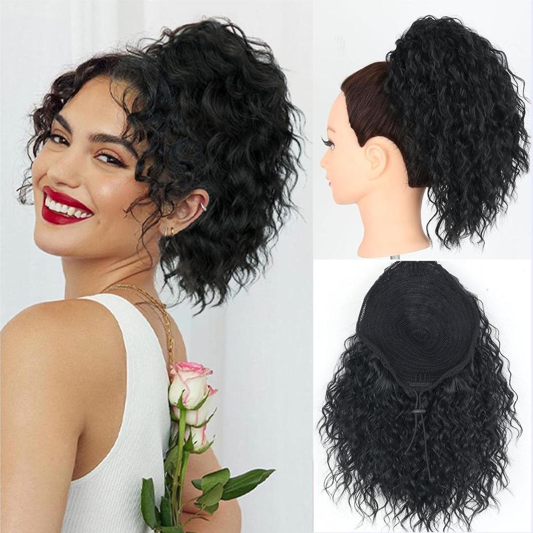 SCENTW Messy Bun Hair Piece 8inch Loose Curls Bun Hair Extensions Yaki Texture Short Curly Drawstring Ponytail Extensions Synthetic Hair Bun Hairpiece for Women (1b)